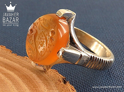 انگشتر نقره عقیق یمنی نارنجی چهارچنگ مردانه [یا زهرا] - 29779